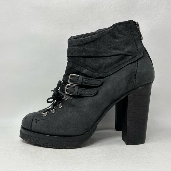 Apepazza Strasburgo Boot Black Women Size 7 High Heel Buckles Back Zip Moto Mid - Picture 1 of 12